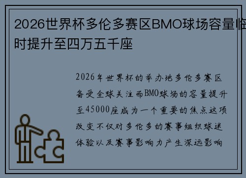 2026世界杯多伦多赛区BMO球场容量临时提升至四万五千座