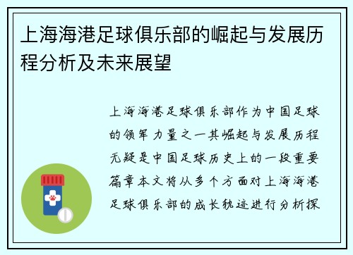 上海海港足球俱乐部的崛起与发展历程分析及未来展望